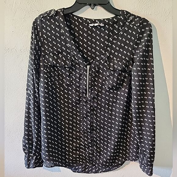 CANDIES 1/4 Zip Pull-On V-Neck Long Sleeve Roll Sleeves Semi-Sheer Black Small - Picture 1 of 10